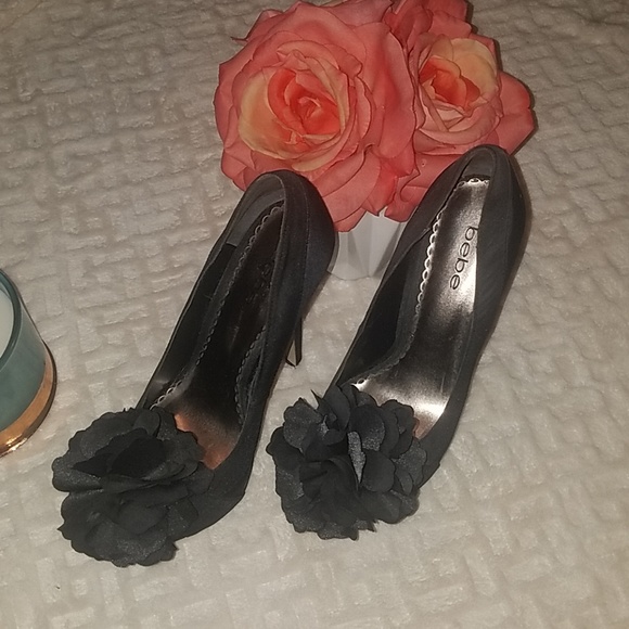 bebe Shoes - BEBE black satin heels with floral detail
